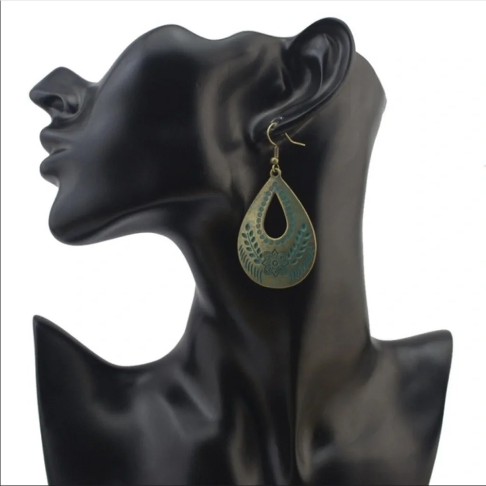 Bohemian embossed bronze patina dangle earrings